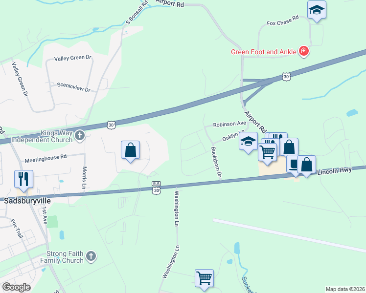 map of restaurants, bars, coffee shops, grocery stores, and more near 350 Larose Drive in Coatesville