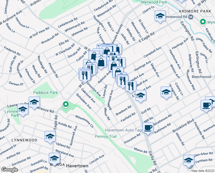 map of restaurants, bars, coffee shops, grocery stores, and more near 2045 Laurel Road in Havertown
