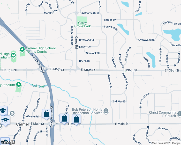 map of restaurants, bars, coffee shops, grocery stores, and more near 1204 Smokey Row Lane in Carmel