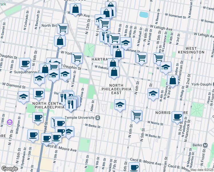 map of restaurants, bars, coffee shops, grocery stores, and more near 913 West Susquehanna Avenue in Philadelphia