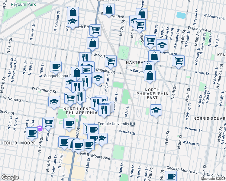 map of restaurants, bars, coffee shops, grocery stores, and more near 2133 North 12th Street in Philadelphia