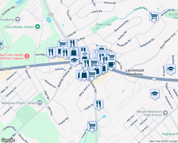 map of restaurants, bars, coffee shops, grocery stores, and more near 33 North Newtown Street Road in Media
