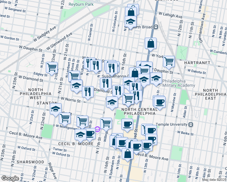 map of restaurants, bars, coffee shops, grocery stores, and more near 1621 West Diamond street in Philadelphia