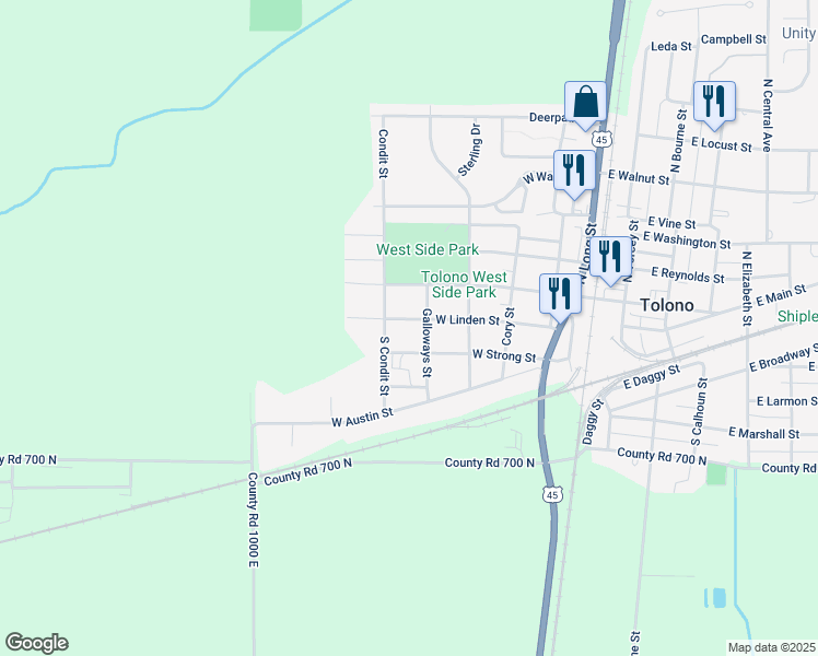 map of restaurants, bars, coffee shops, grocery stores, and more near 503 West Linden Street in Tolono