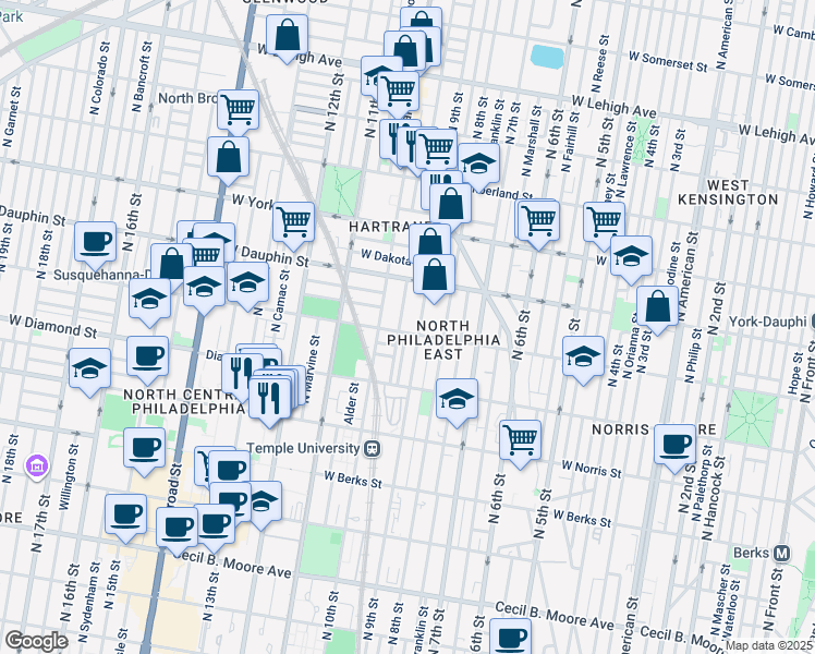map of restaurants, bars, coffee shops, grocery stores, and more near 913 West Susquehanna Avenue in Philadelphia
