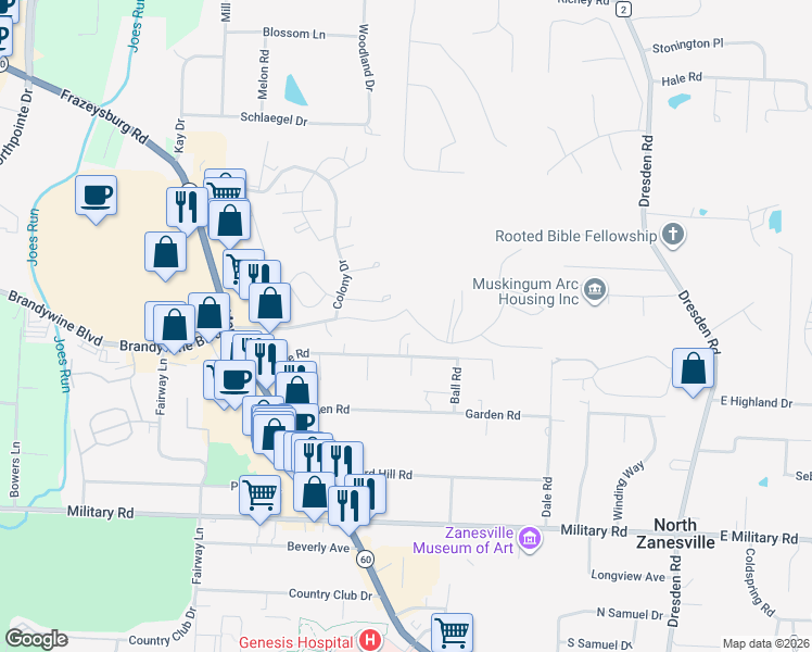 map of restaurants, bars, coffee shops, grocery stores, and more near 1001 Eastward Circle in Zanesville
