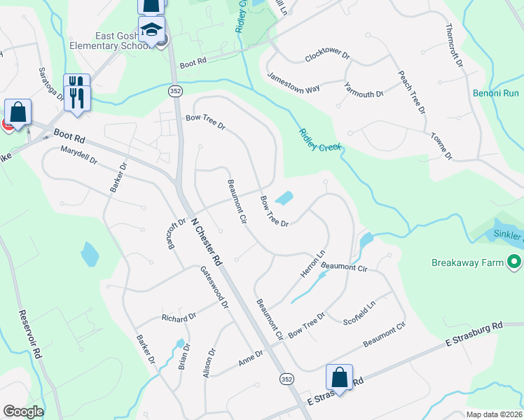 map of restaurants, bars, coffee shops, grocery stores, and more near 1677 Bow Tree Drive in West Chester