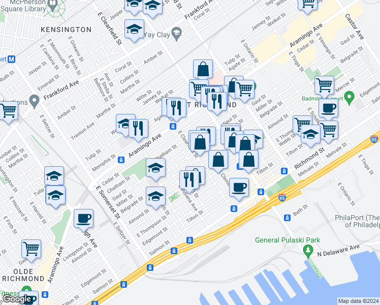 map of restaurants, bars, coffee shops, grocery stores, and more near 2510 East Clearfield Street in Philadelphia