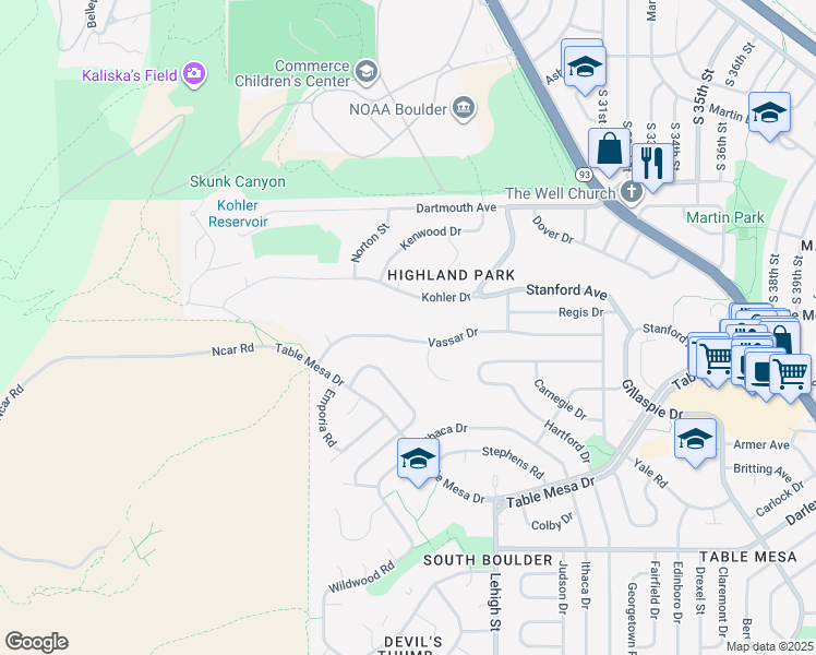 map of restaurants, bars, coffee shops, grocery stores, and more near 2235 Vassar Drive in Boulder