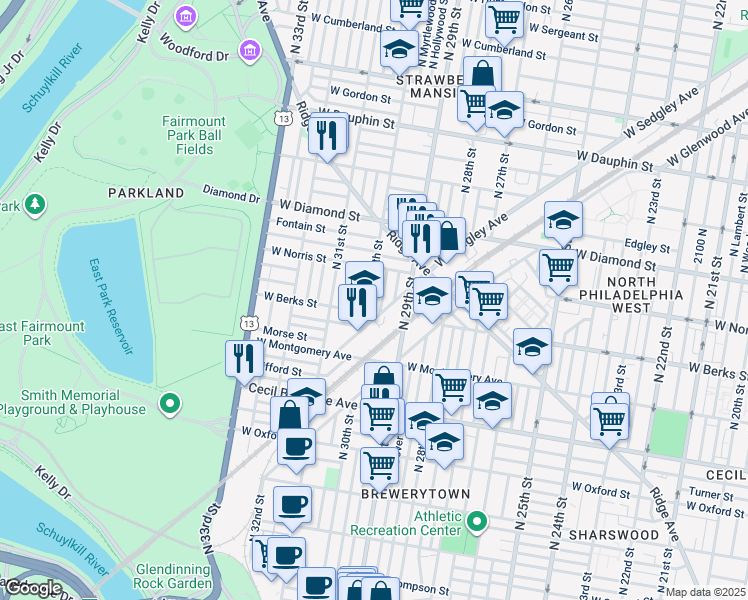 map of restaurants, bars, coffee shops, grocery stores, and more near 1921 North 30th Street in Philadelphia