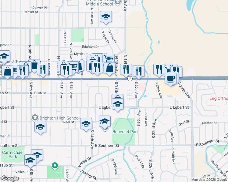 map of restaurants, bars, coffee shops, grocery stores, and more near 73 South 18th Avenue in Brighton
