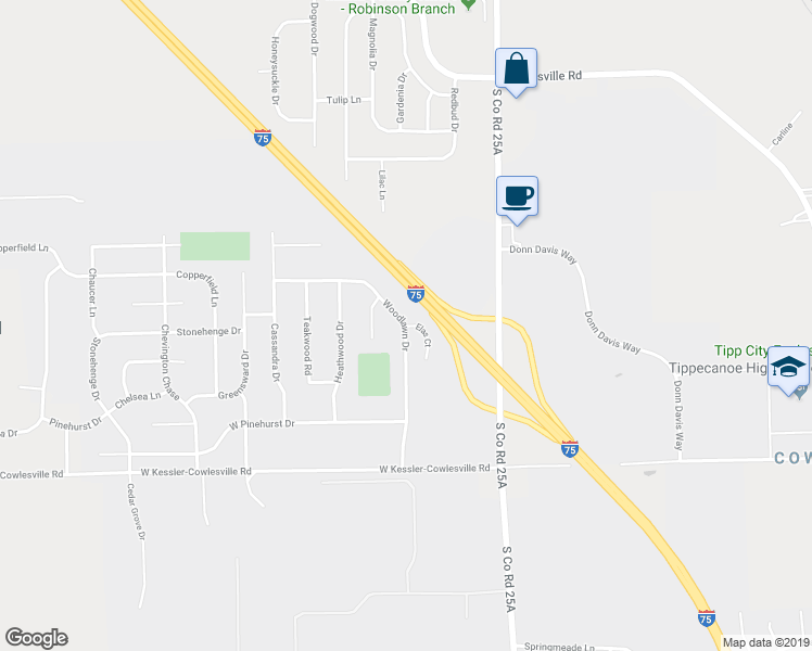 map of restaurants, bars, coffee shops, grocery stores, and more near 201 Woodlawn Drive in Tipp City