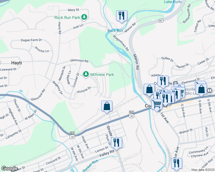 map of restaurants, bars, coffee shops, grocery stores, and more near 1923 Saginaw Drive in Coatesville