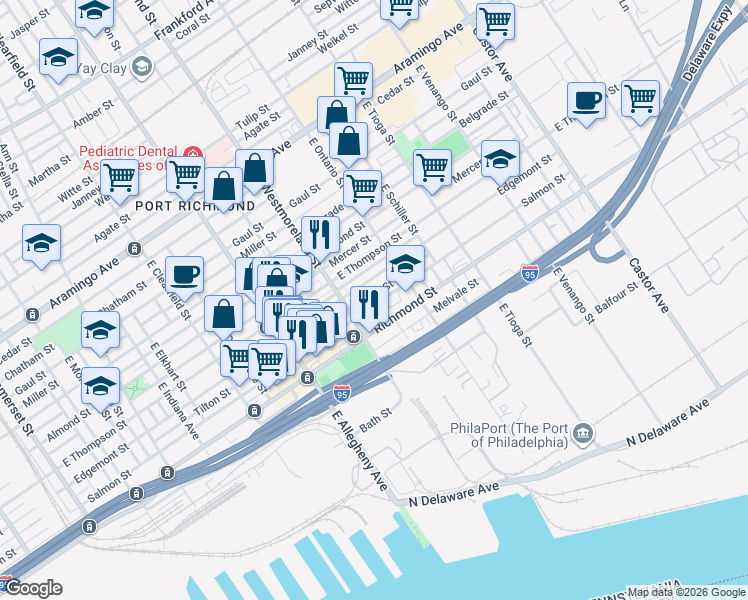 map of restaurants, bars, coffee shops, grocery stores, and more near 3322 Tilton Street in Philadelphia