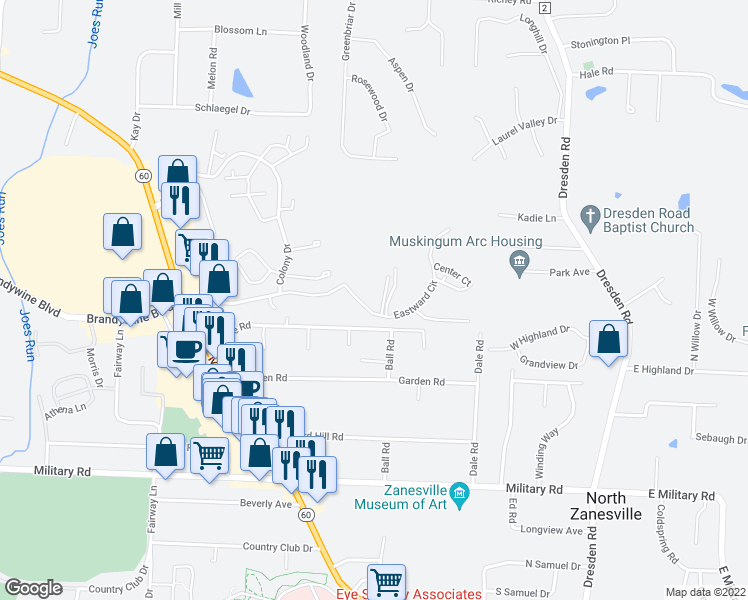 map of restaurants, bars, coffee shops, grocery stores, and more near 1001 Eastward Circle in Zanesville