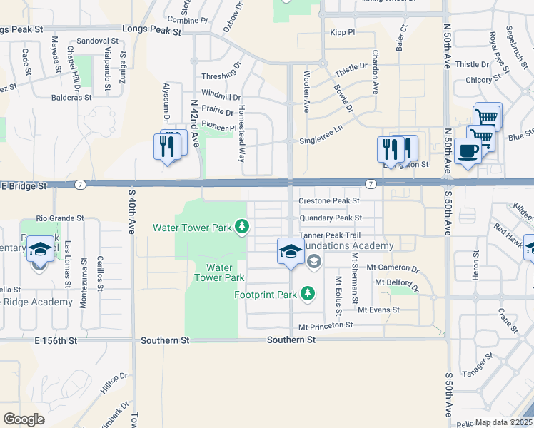 map of restaurants, bars, coffee shops, grocery stores, and more near 4383 Quandary Peak Street in Brighton