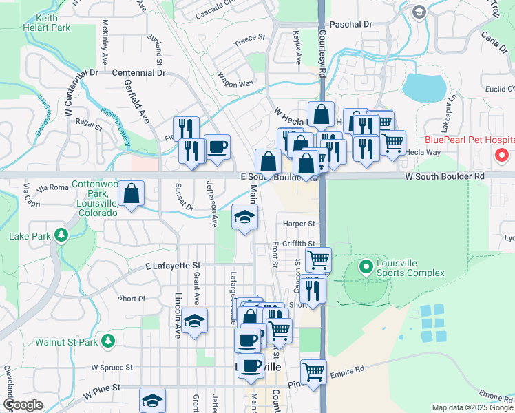 map of restaurants, bars, coffee shops, grocery stores, and more near 1524 Main Street in Louisville