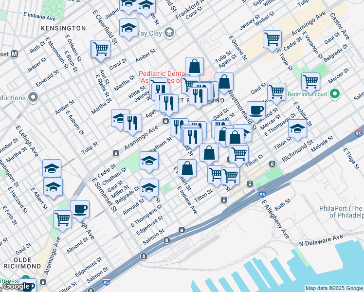 map of restaurants, bars, coffee shops, grocery stores, and more near 2510 East Clearfield Street in Philadelphia