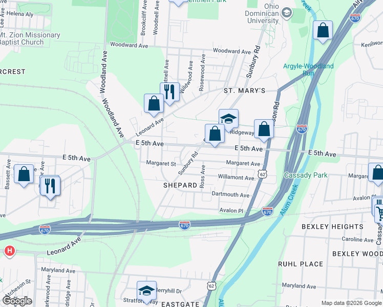 map of restaurants, bars, coffee shops, grocery stores, and more near in Columbus