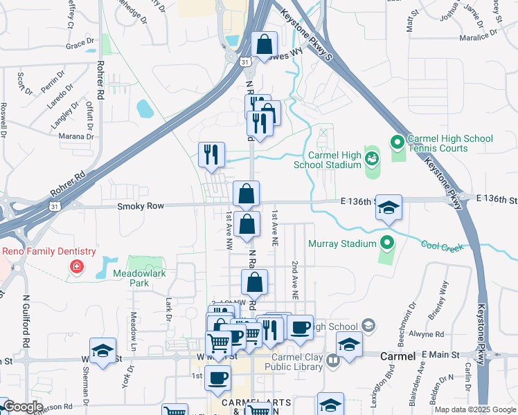 map of restaurants, bars, coffee shops, grocery stores, and more near 761 North Rangeline Road in Carmel