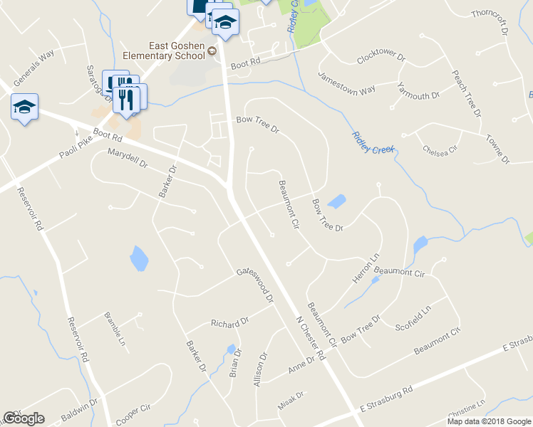 map of restaurants, bars, coffee shops, grocery stores, and more near 610 South Speakman Lane in West Chester
