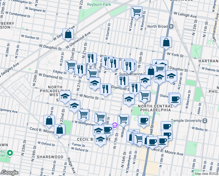 map of restaurants, bars, coffee shops, grocery stores, and more near 1814 West Diamond street in Philadelphia