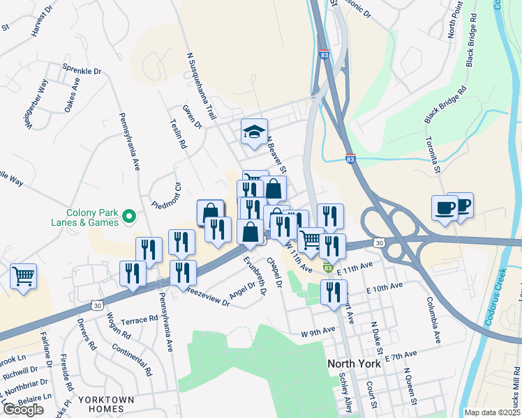 map of restaurants, bars, coffee shops, grocery stores, and more near 1838 North Susquehanna Trail in York