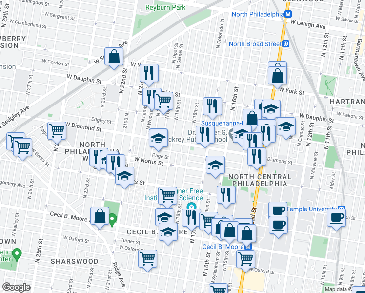 map of restaurants, bars, coffee shops, grocery stores, and more near 1814 Diamond Street in Philadelphia