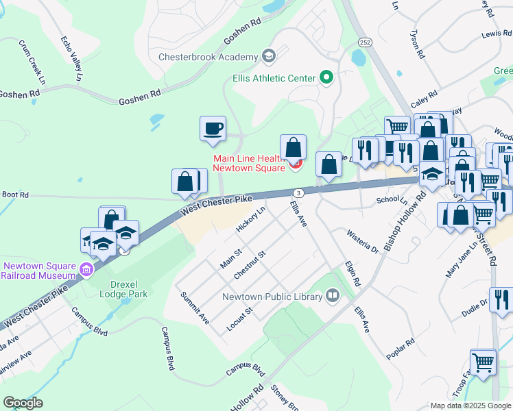 map of restaurants, bars, coffee shops, grocery stores, and more near 18 Hickory Lane in Newtown Square