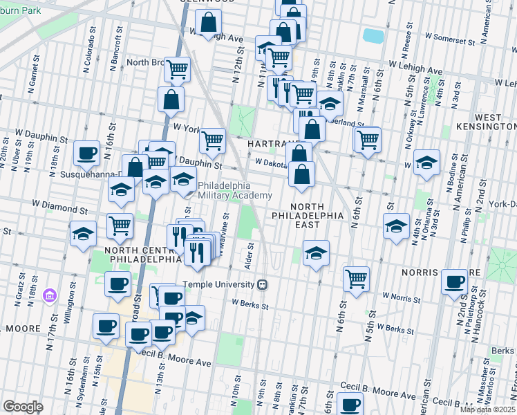 map of restaurants, bars, coffee shops, grocery stores, and more near 1040 West Susquehanna Avenue in Philadelphia
