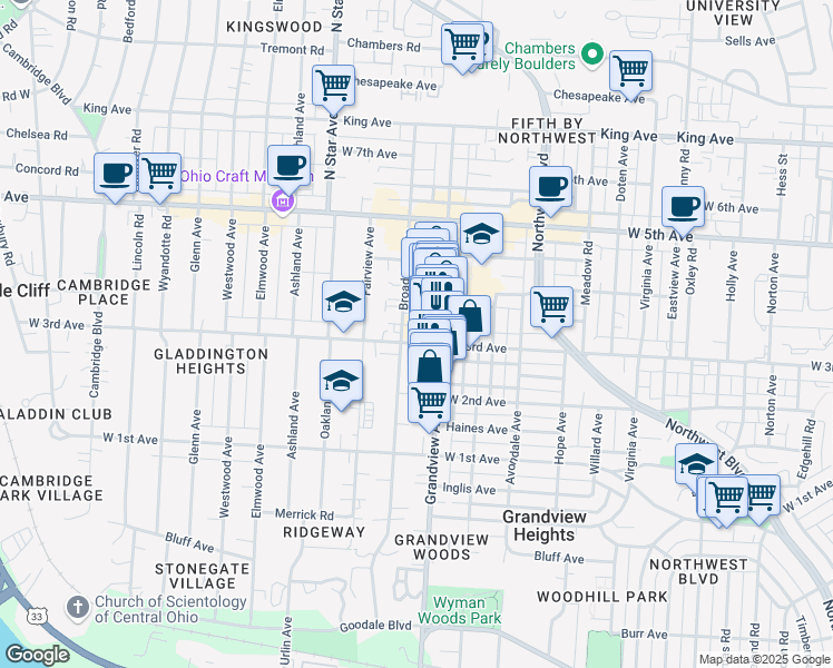 map of restaurants, bars, coffee shops, grocery stores, and more near 1376 Broadview Avenue in Columbus