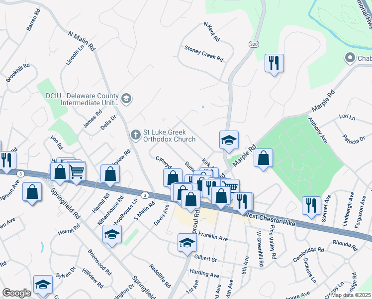 map of restaurants, bars, coffee shops, grocery stores, and more near 2638 Kirk Avenue in Broomall