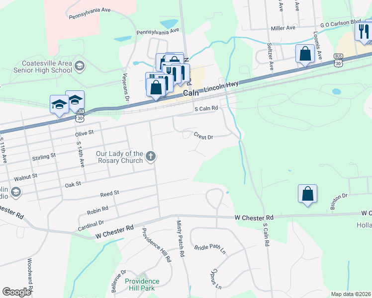 map of restaurants, bars, coffee shops, grocery stores, and more near 354 Andrew Road in Coatesville