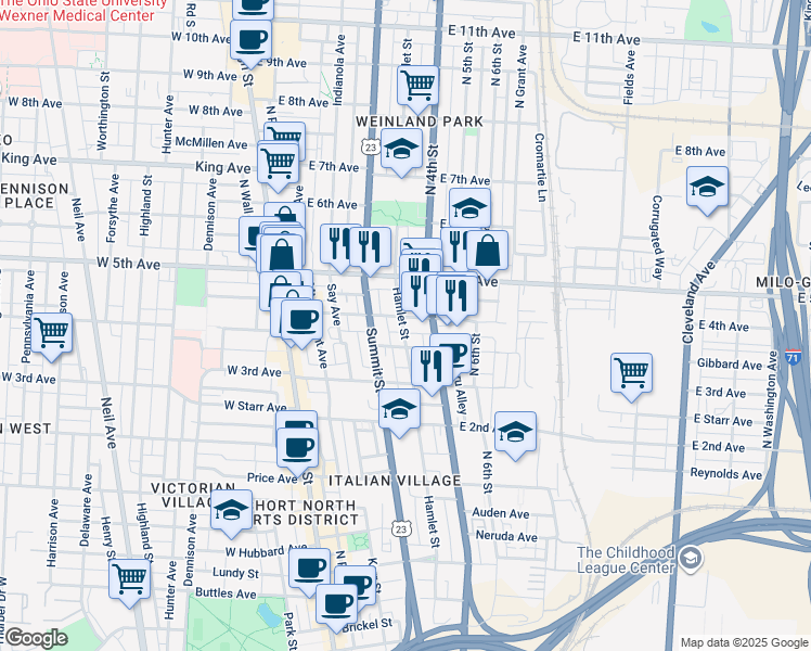 map of restaurants, bars, coffee shops, grocery stores, and more near 175 East 4th Avenue in Columbus