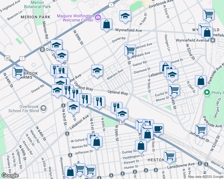map of restaurants, bars, coffee shops, grocery stores, and more near 2105 North 59th Street in Philadelphia