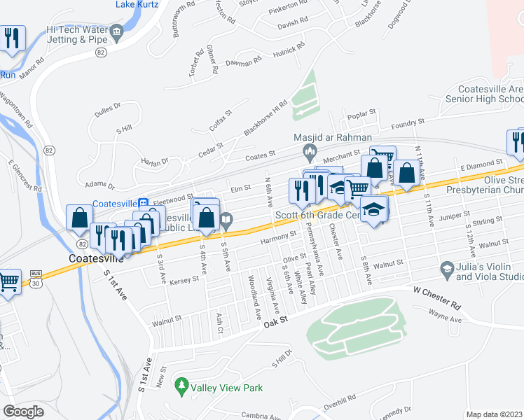 map of restaurants, bars, coffee shops, grocery stores, and more near 584 East Chestnut Street in Coatesville