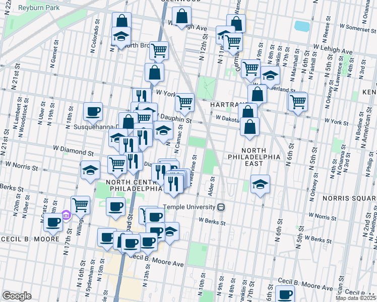 map of restaurants, bars, coffee shops, grocery stores, and more near 2133 North 12th Street in Philadelphia
