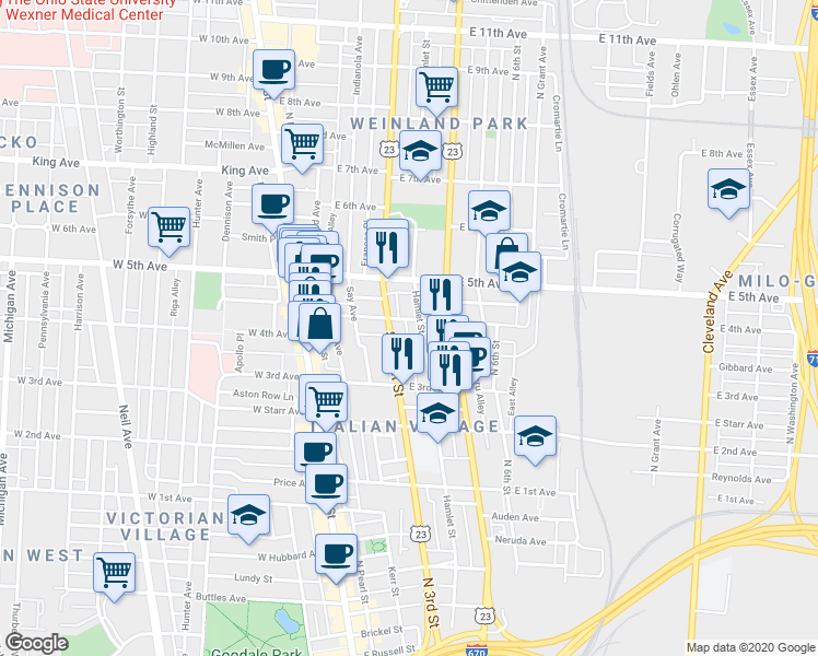 map of restaurants, bars, coffee shops, grocery stores, and more near 1108 Beacon Alley in Columbus
