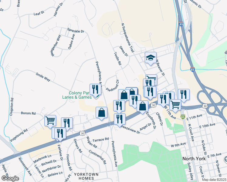 map of restaurants, bars, coffee shops, grocery stores, and more near 495 Piedmont Circle in York