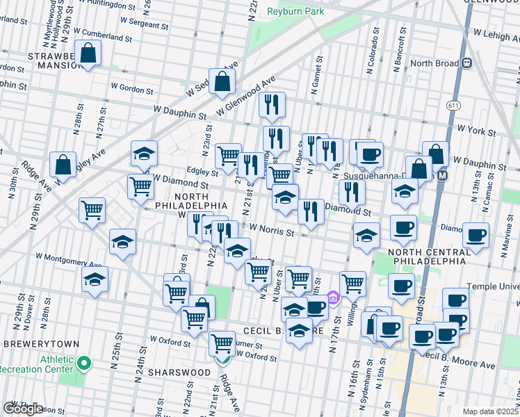 map of restaurants, bars, coffee shops, grocery stores, and more near 2031 North Lambert Street in Philadelphia