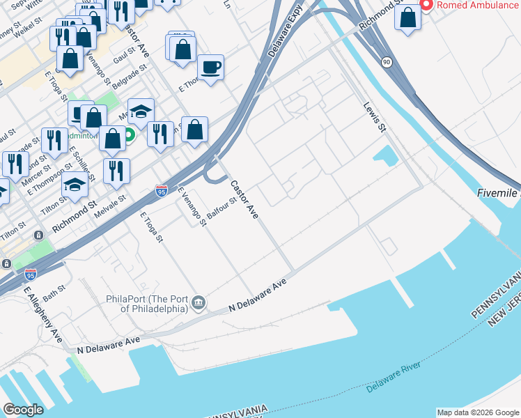 map of restaurants, bars, coffee shops, grocery stores, and more near 3001 Castor Avenue in Philadelphia