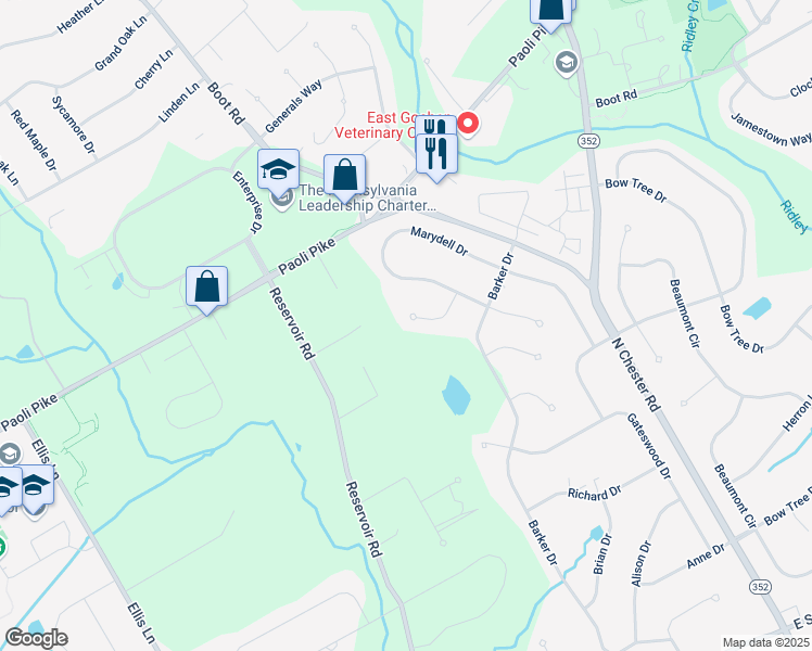 map of restaurants, bars, coffee shops, grocery stores, and more near 1500 Wilson Lane in West Chester