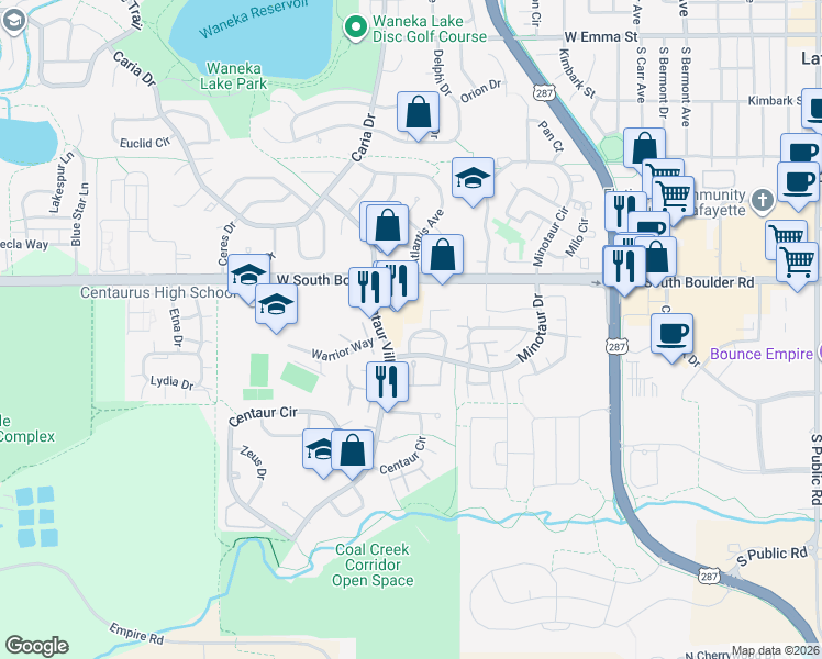 map of restaurants, bars, coffee shops, grocery stores, and more near 1223 James Circle in Lafayette