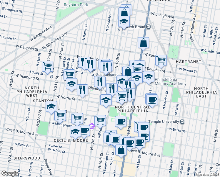 map of restaurants, bars, coffee shops, grocery stores, and more near 1609 West Diamond street in Philadelphia