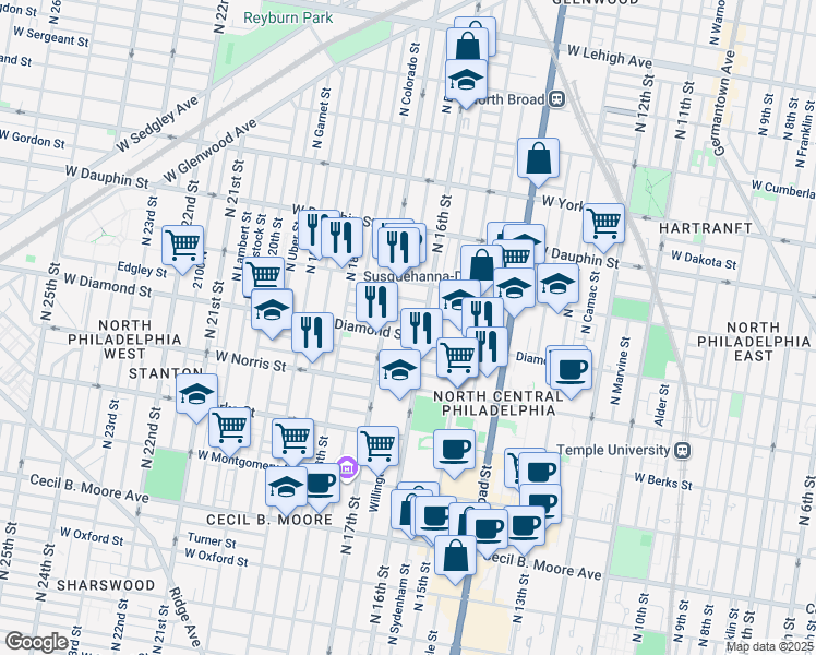 map of restaurants, bars, coffee shops, grocery stores, and more near 1617 West Diamond street in Philadelphia