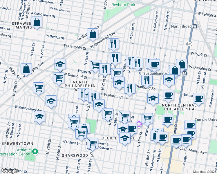 map of restaurants, bars, coffee shops, grocery stores, and more near 2031 North Lambert Street in Philadelphia