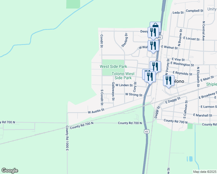 map of restaurants, bars, coffee shops, grocery stores, and more near 503 West Linden Street in Tolono