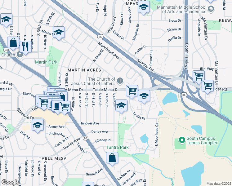 map of restaurants, bars, coffee shops, grocery stores, and more near 520 South 46th Street in Boulder