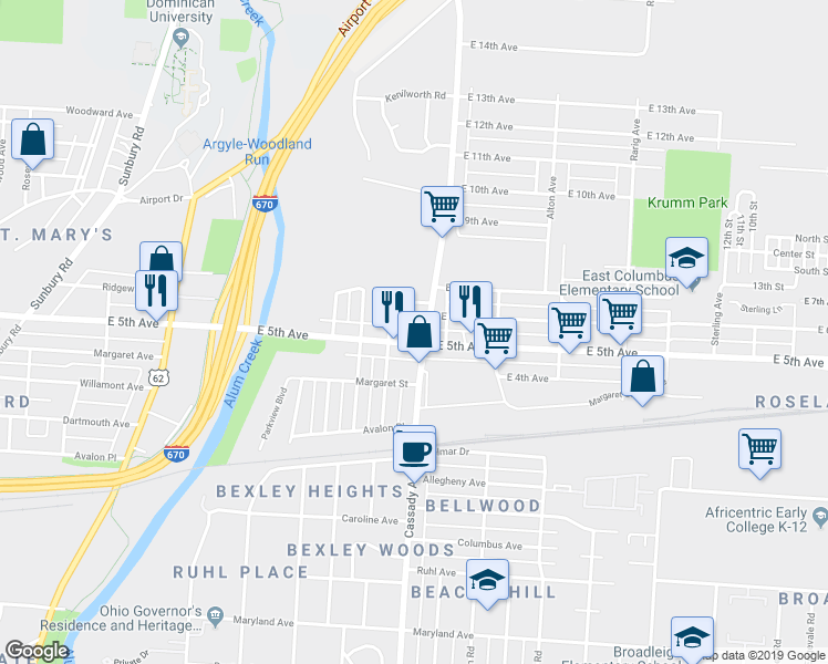 map of restaurants, bars, coffee shops, grocery stores, and more near 2692 East 5th Avenue in Columbus
