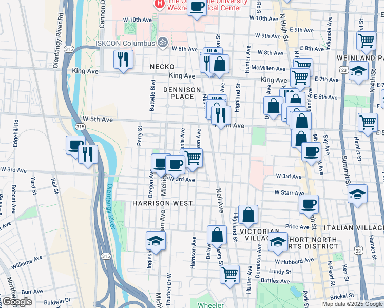 map of restaurants, bars, coffee shops, grocery stores, and more near 339 West 4th Avenue in Columbus